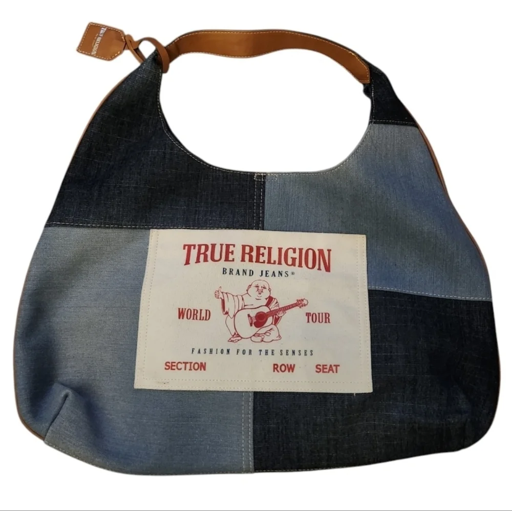 True Religion Blue and Tan Denim Buddha Bag